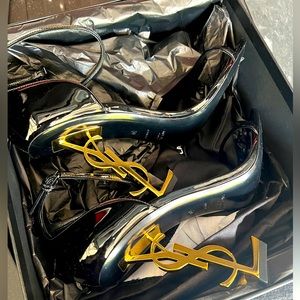 Saint Laurent YSL Logo-Heel Sandals with Golden Heel